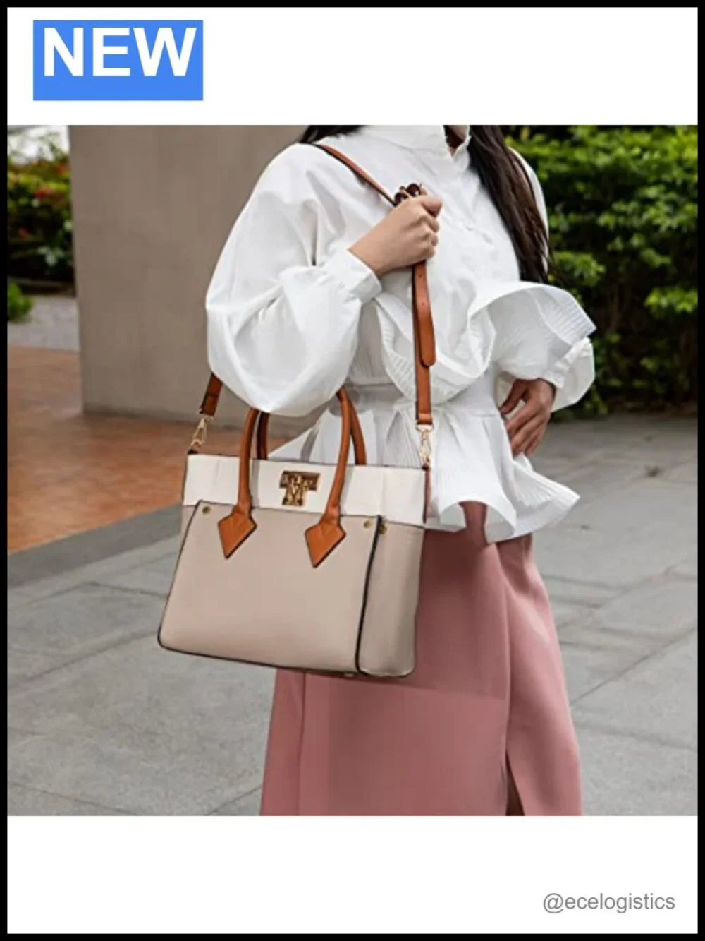 Vegan Leather Tote Bag with Wristlet Wallet, Color-Block, Adjustable Strap,